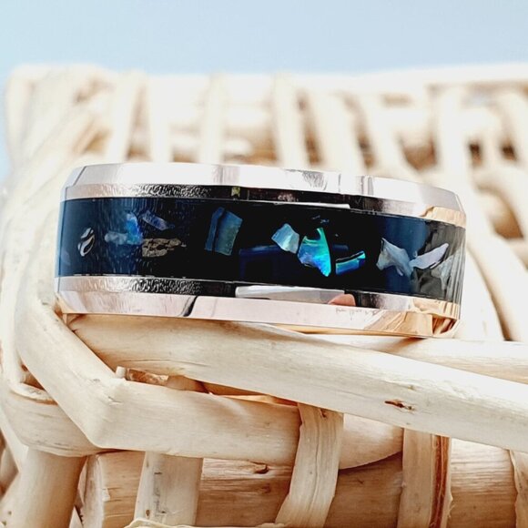 "Black Resin & Abalone Shell Inlay Rose Gold Tungsten Wedding Band, GALTUN923 - Picture 3 of 5